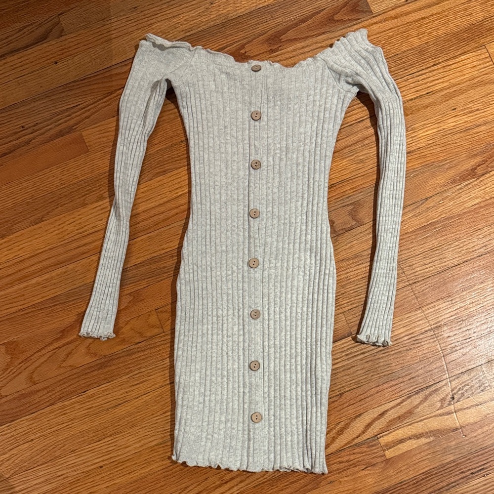 Cream Off-Shoulder Ribbed Button-Down Dress